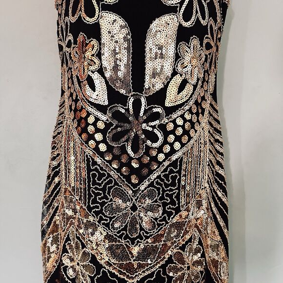 Retro Flapper Dress L Sequin Showgirl Black Fringe Roaring 20s Gatsby Burlesque - Picture 5 of 12